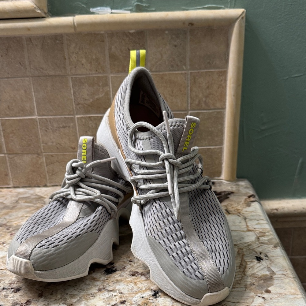 Sorel Women's Impact II, Gray Sneakers with Yellow Highlights